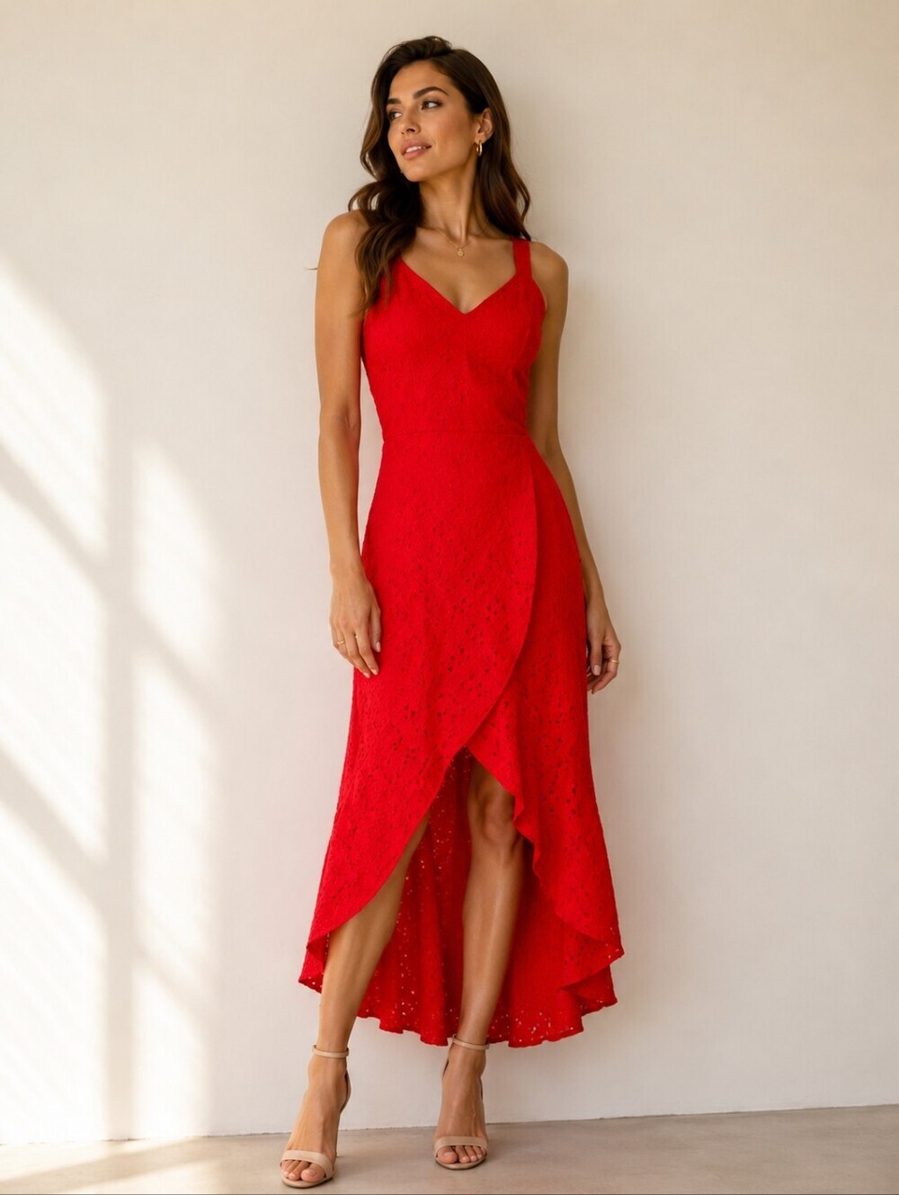 J.O.A Red Lace Asymetric High Low Dress